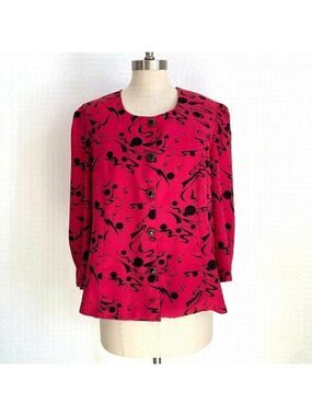 Vintage Chelsea Hot Pink Black Abstract Print Rayon Blouse Top Size 14 80s 90s